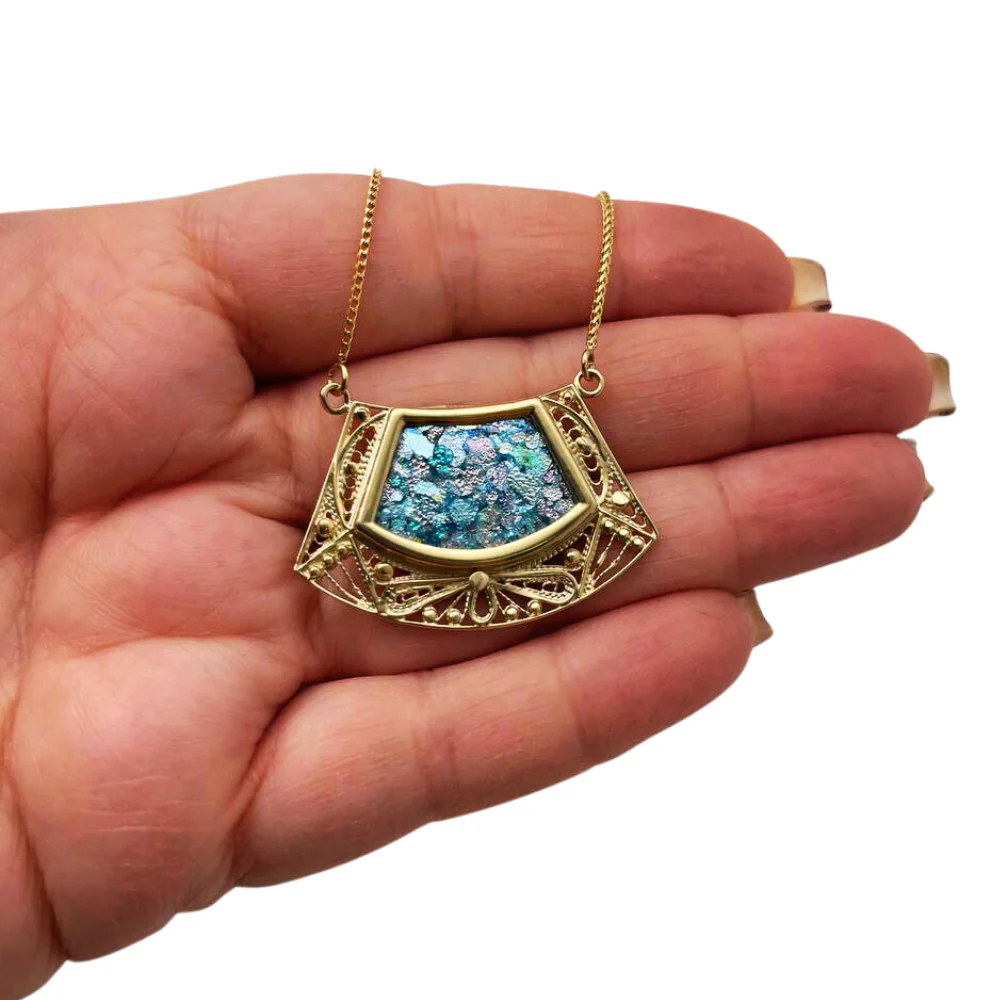 14k Roman Glass Trapezoid Gold Filigree Necklace - Image 5