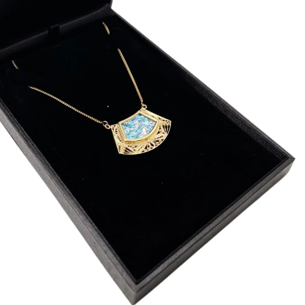 14k Roman Glass Trapezoid Gold Filigree Necklace - Image 7
