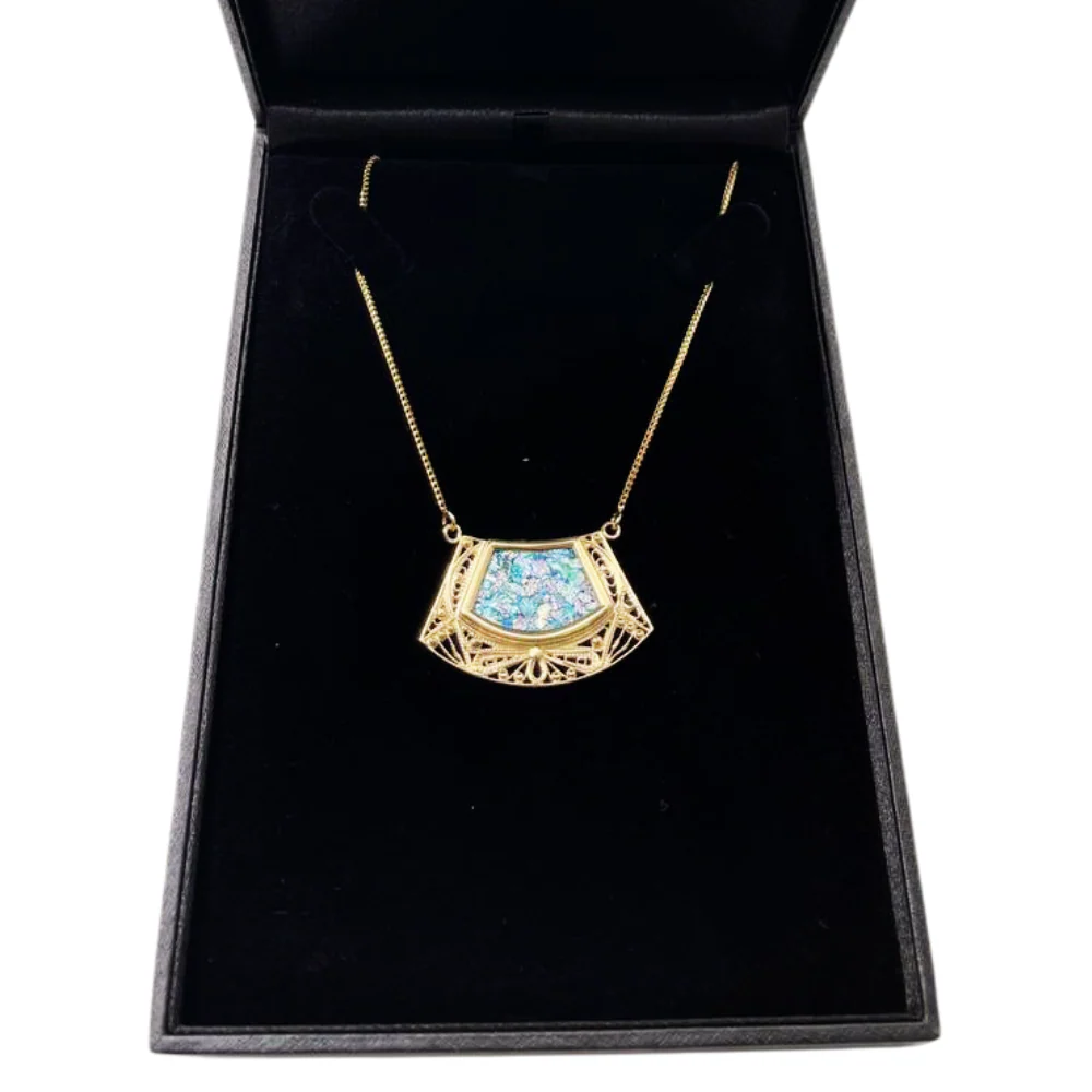 14k Roman Glass Trapezoid Gold Filigree Necklace - Image 8