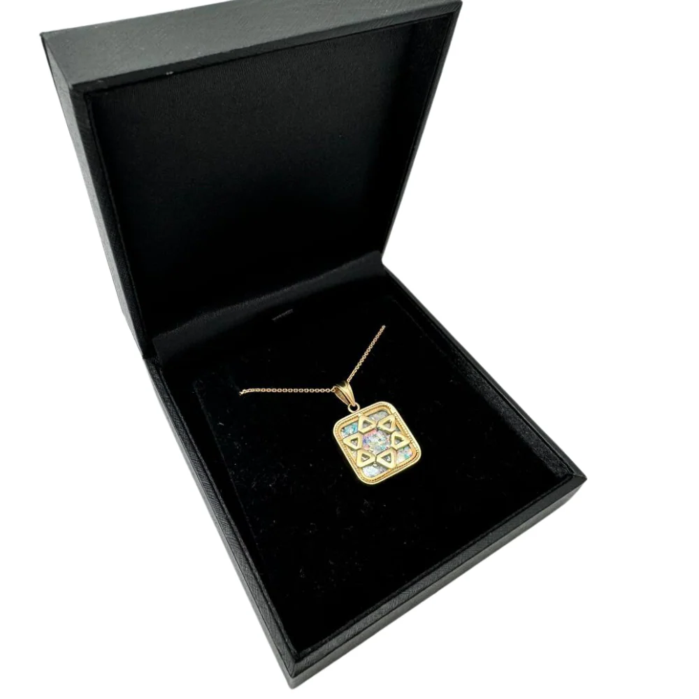 14k Gold Roman Glass Star of David Square Pendant - Image 6