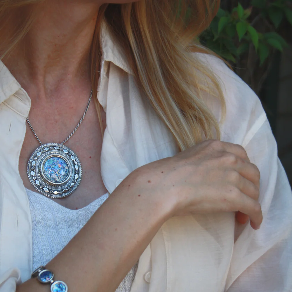 Sterling Silver Round Yemenite Roman Glass Necklace Cum Brooch - Image 4
