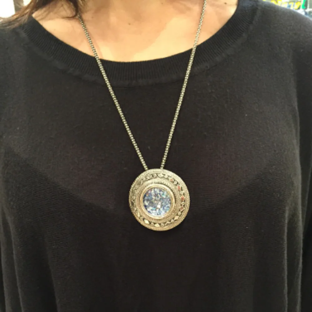 Sterling Silver Round Yemenite Roman Glass Necklace Cum Brooch - Image 6