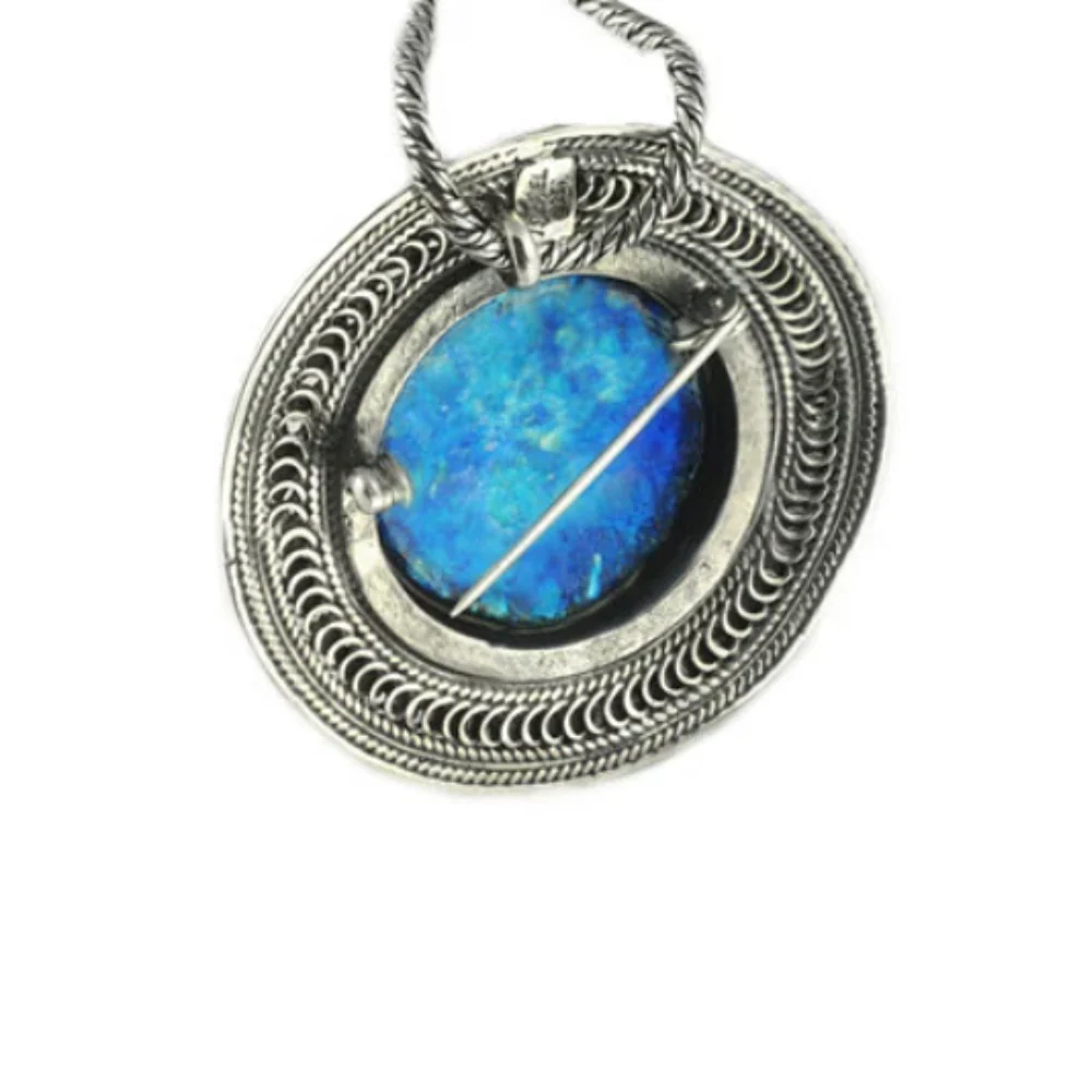 Sterling Silver Round Yemenite Roman Glass Necklace Cum Brooch - Image 7