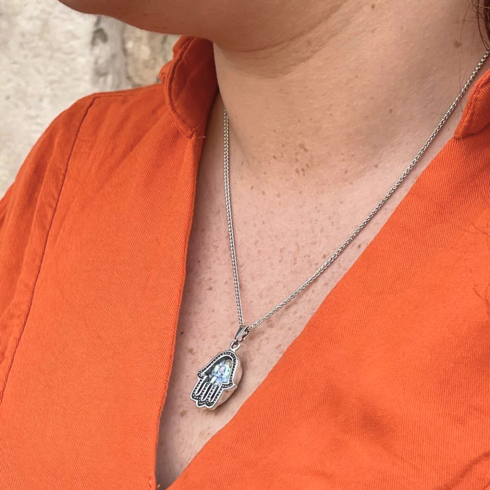 Sterling Silver Roman Glass Hamsa Pendant - Image 7