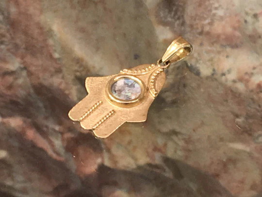 Embellished 14k Gold Roman Glass Hamsa Pendant - Image 2