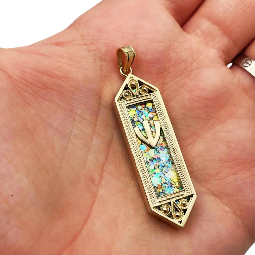 14k Gold Filigree Roman Glass Mezuzah Pendant - Image 2