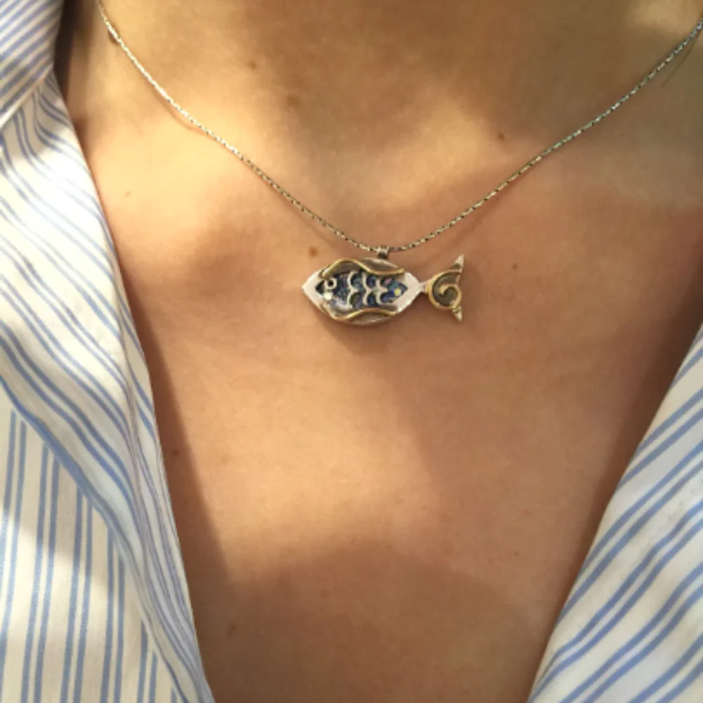 Fish Pendant in Sterling Silver Roman Glass - Image 3