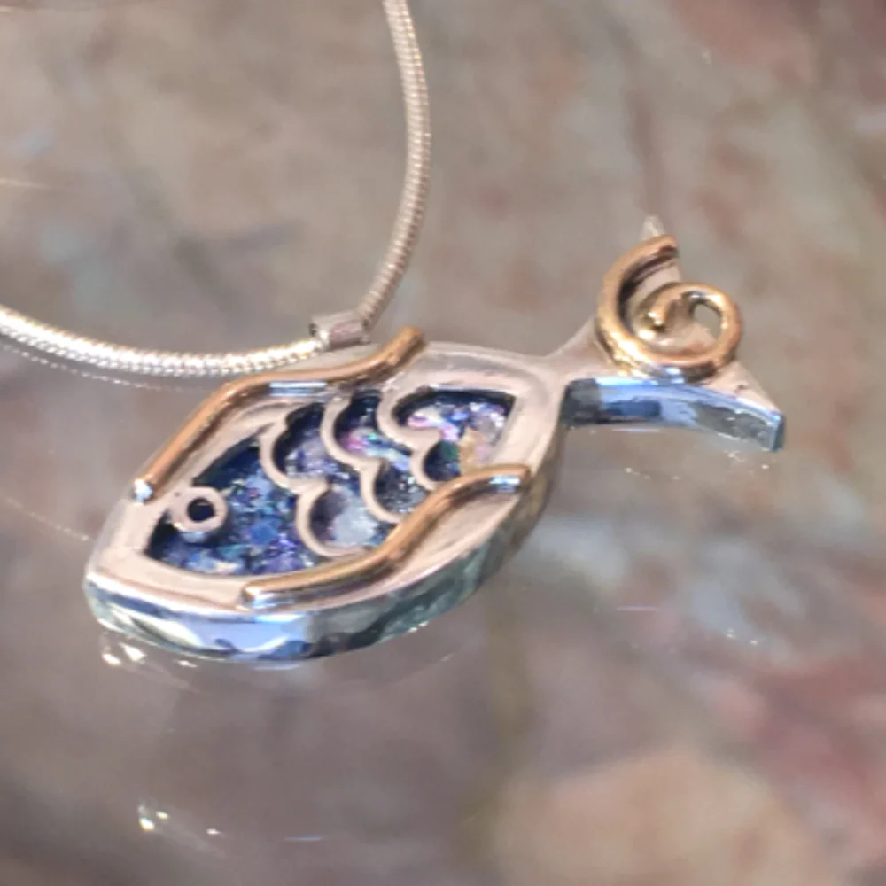 Fish Pendant in Sterling Silver Roman Glass - Image 6