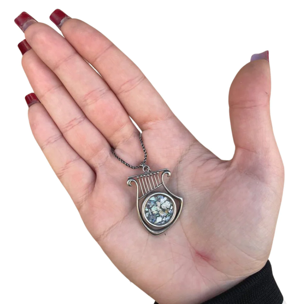 Silver Roman Glass Harp of David Necklace - Image 4