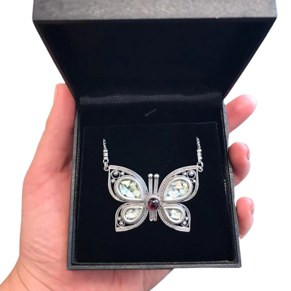 Silver Butterfly Necklace with Roman Glass & Red Garnet - Image 4