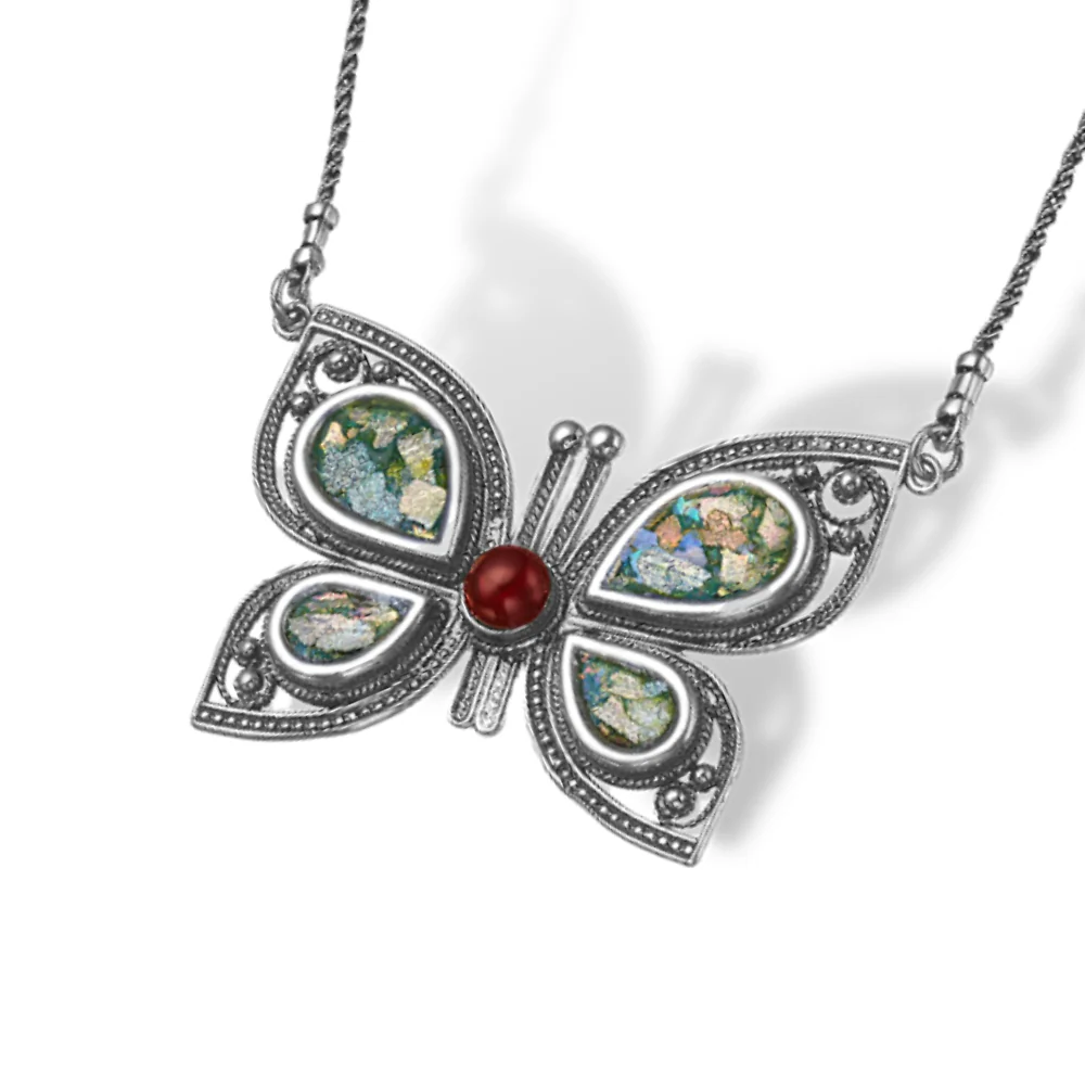 Silver Butterfly Necklace with Roman Glass & Red Garnet - Image 6