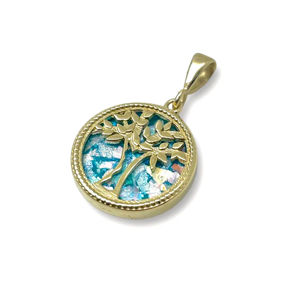 Tree of Life Roman Glass Pendant in 14K Gold - 19mm Dia