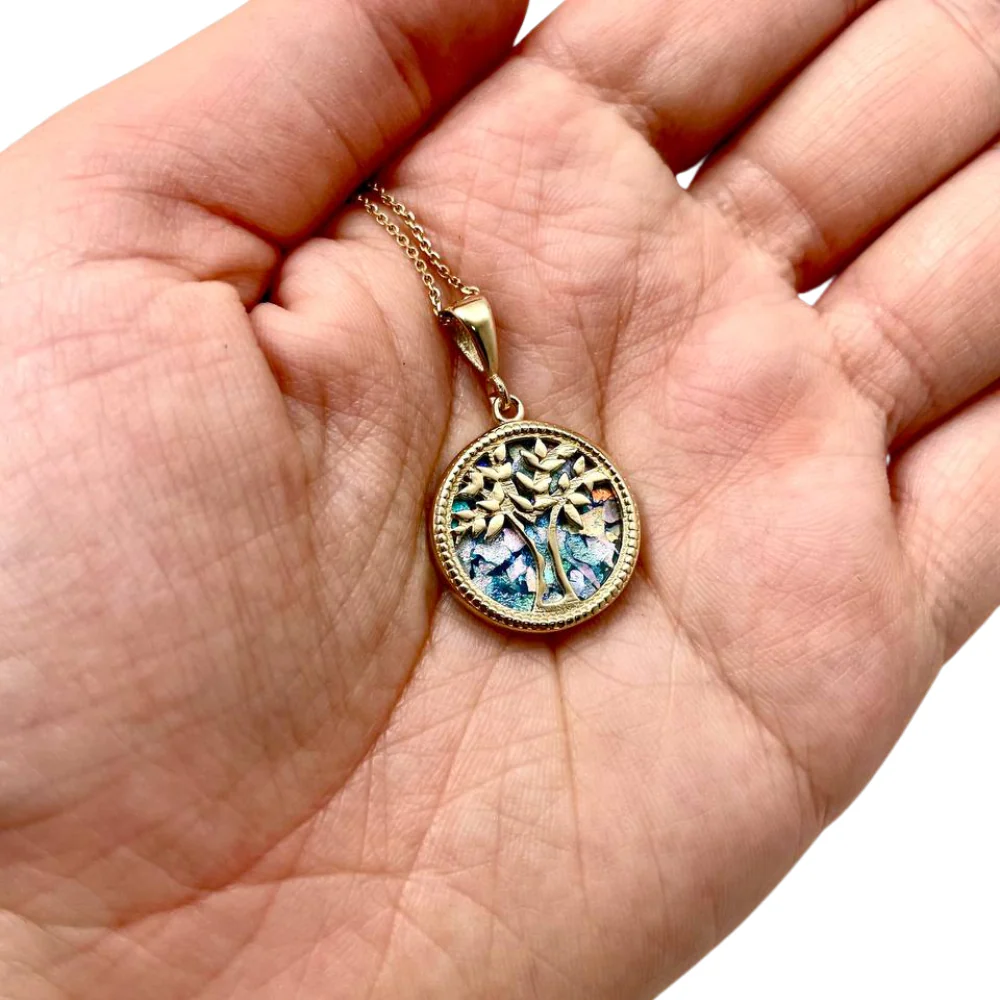 Tree of Life Roman Glass Pendant in 14K Gold - 19mm Dia - Image 2