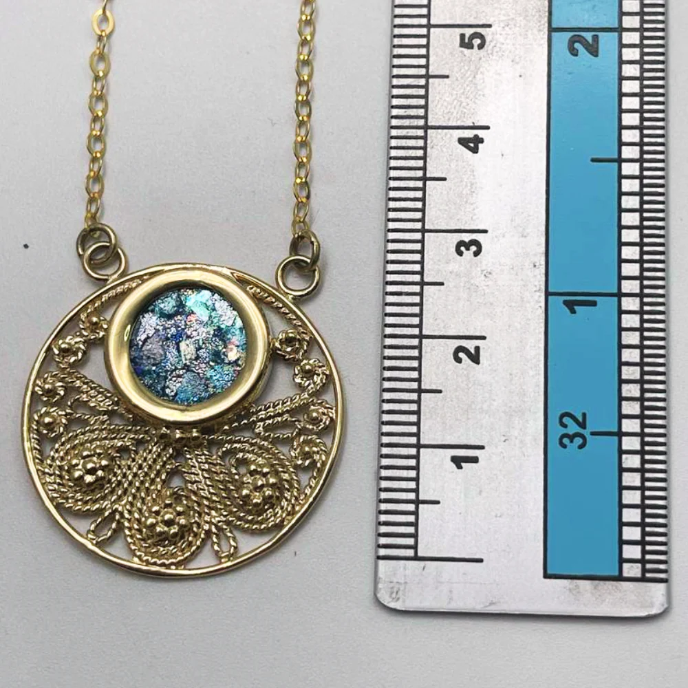 Roman Glass Round Pendant Necklace in 14K Gold Filigree Work - Image 6