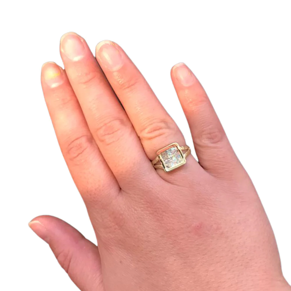 14k Yellow Gold Roman Glass Square Ring - Image 2