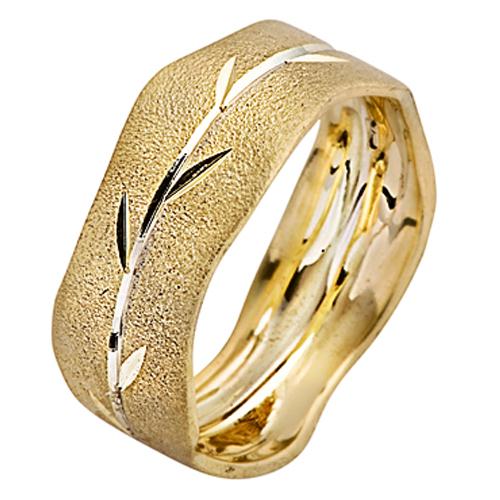 Yellow and White Brushed Gold Wavy Leaf Wedding Ring