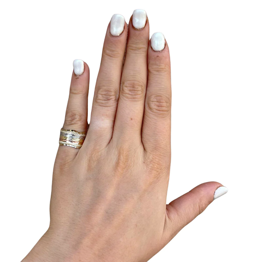 14k Gold Tricolor Textured Wide Wedding Ring - Image 2