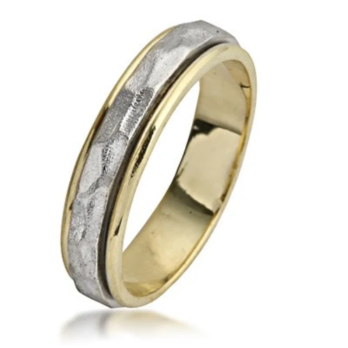 Hammered Spinning Wedding Ring in 14K Two Tone Gold