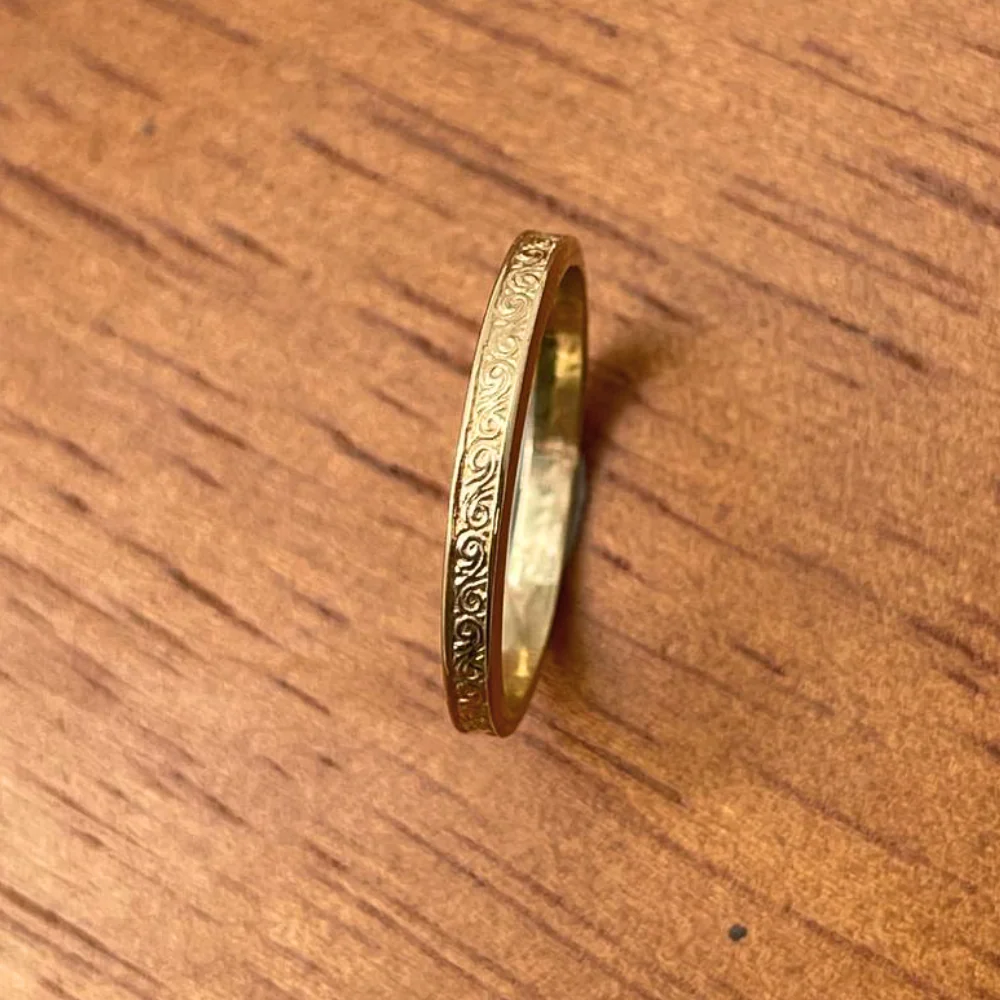 14K Gold Ornate Wedding Band Laser Engraved - Image 4