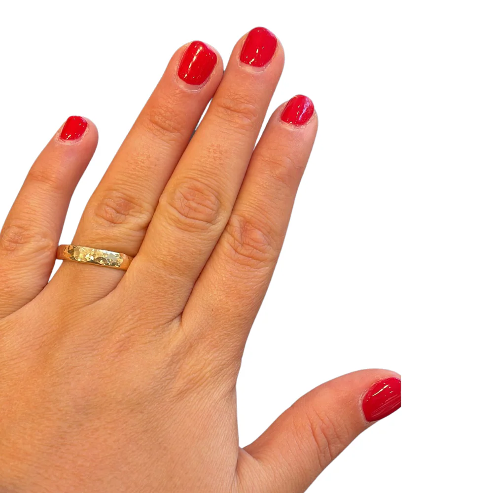 Hammered 14K Gold Wedding Band Laser Engraved - Image 6