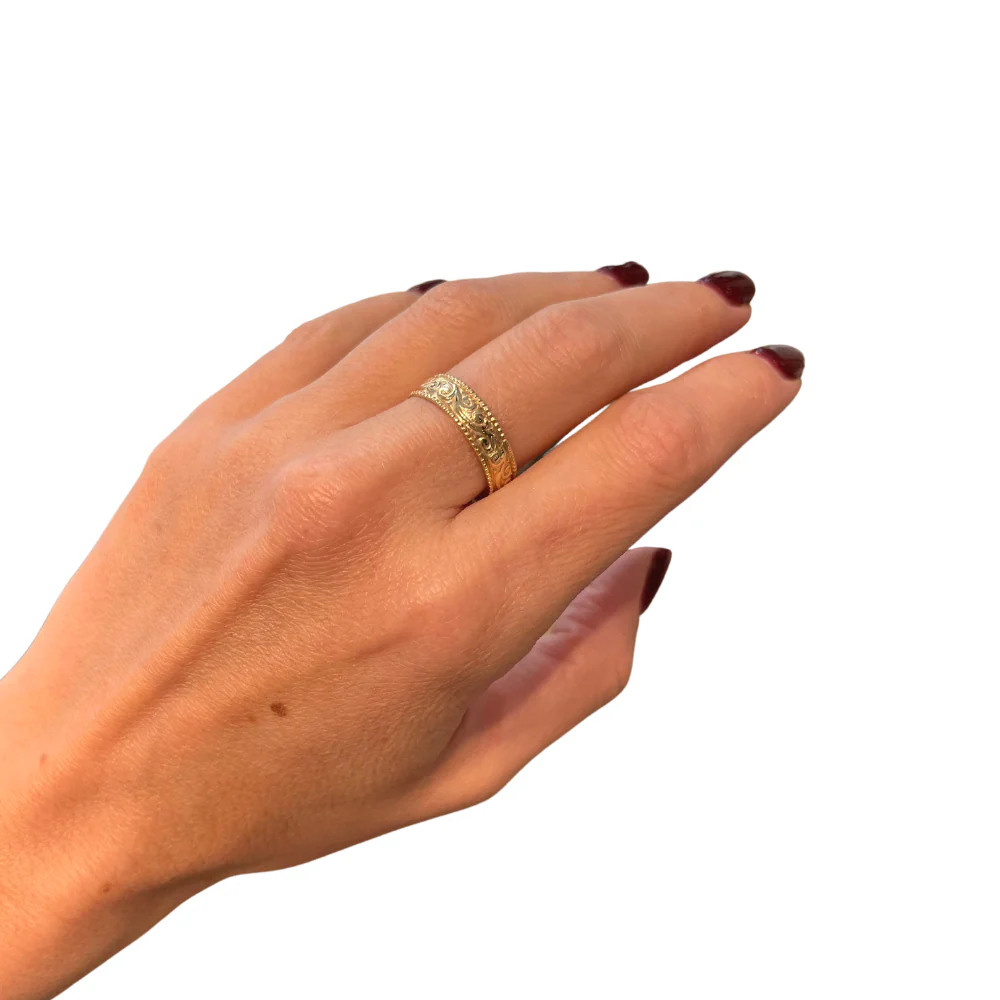 Ornate 14K Gold Wedding Band - Laser Engraved - Image 2